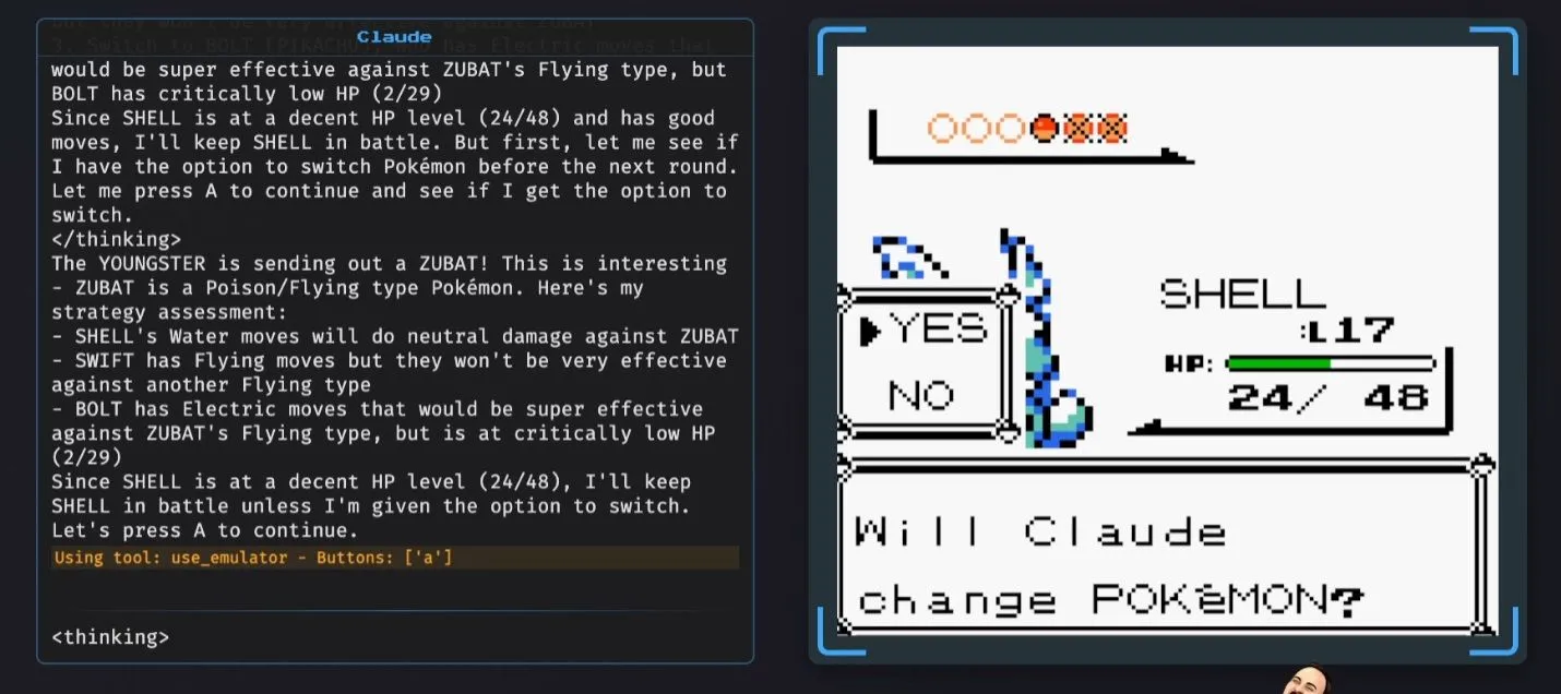 Hình ảnh Claude 3.7 đang chơi game Pokémon Red trên Twitch, hiển thị cửa sổ suy luận (reasoning window) chi tiết quá trình ra quyết định của AI.