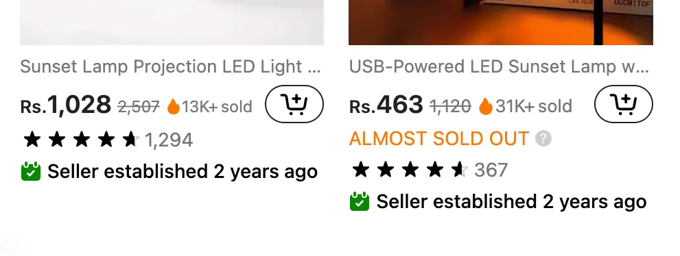 Hình ảnh đèn hoàng hôn trên Temu với thẻ hiển thị &quot;Seller established 2 years ago&quot;, cho thấy thông tin về thời gian hoạt động của người bán và cần thận trọng với người bán mới.
