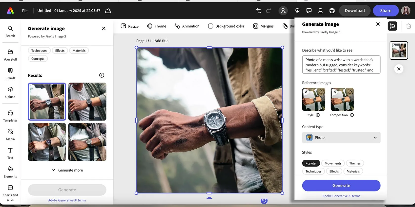 Hình ảnh đồng hồ đeo tay phong cách lifestyle được tạo bằng Adobe Express AI Image Generator, thể hiện khả năng của Firefly trong việc tạo ảnh sản phẩm