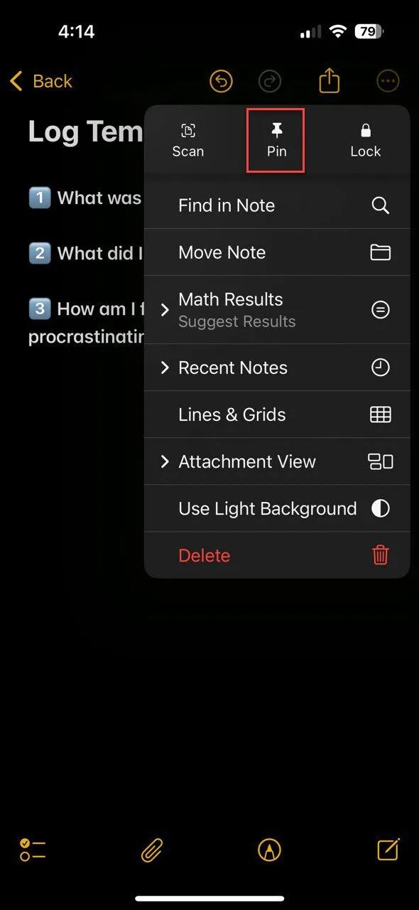 Hình ảnh ghi chú mẫu theo dõi trì hoãn được ghim trong ứng dụng Apple Notes trên iPhone