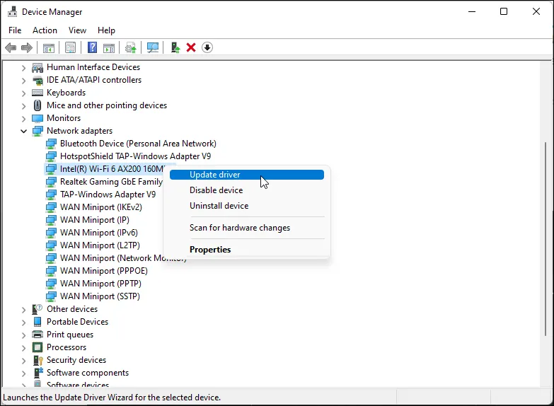 Hình ảnh giao diện Device Manager (Quản lý thiết bị) trên Windows 11, hiển thị tùy chọn 'Cập nhật trình điều khiển' cho card Wi-Fi Intel AX200