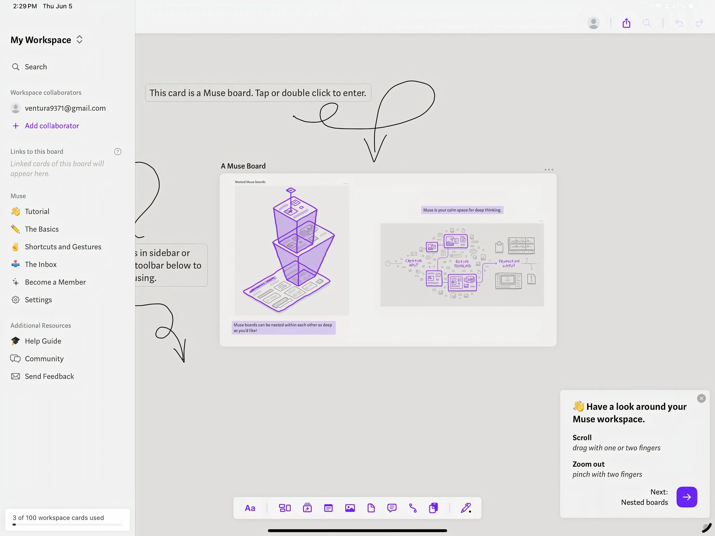 Hình ảnh giao diện ứng dụng Muse với nhiều bảng trắng trên iPad