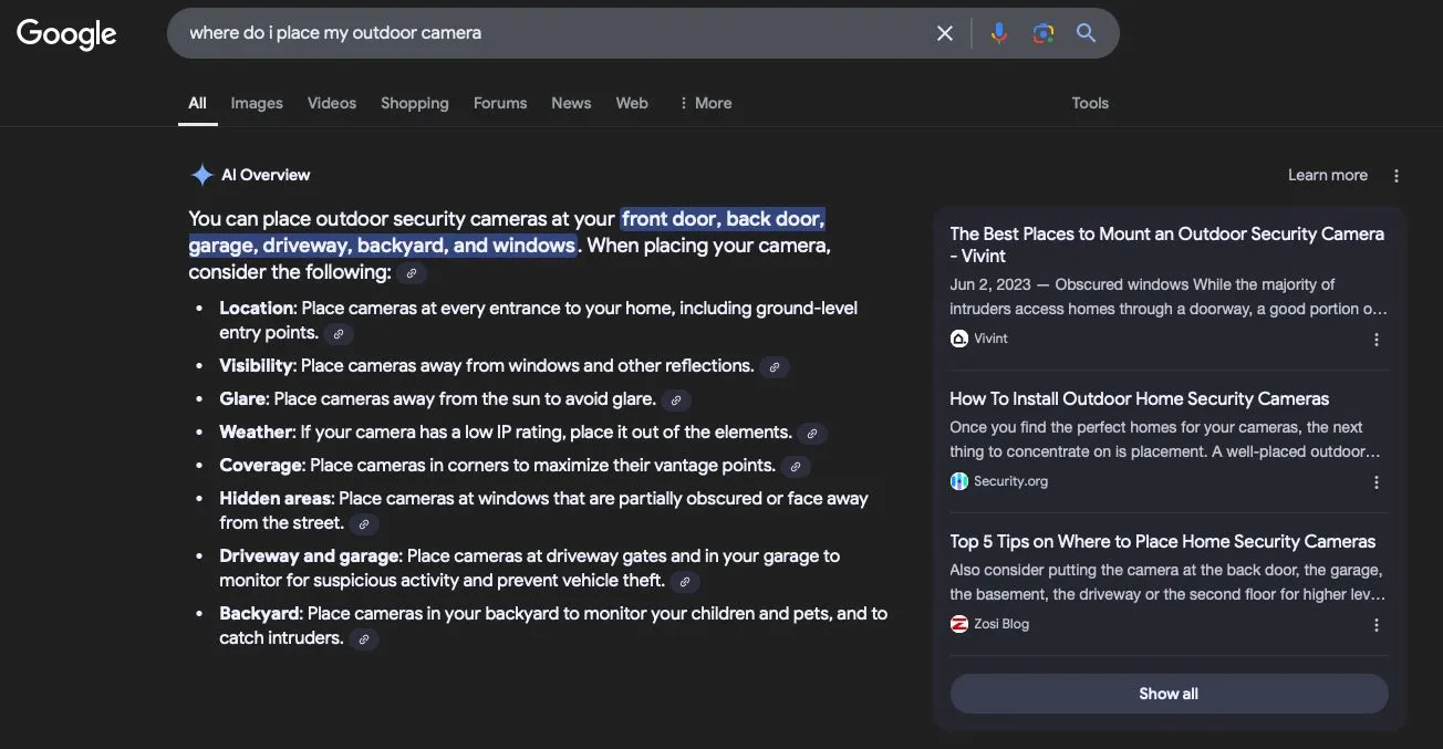 Hình ảnh kết quả tìm kiếm Google có AI Overviews hiển thị thông tin trả lời tự động.