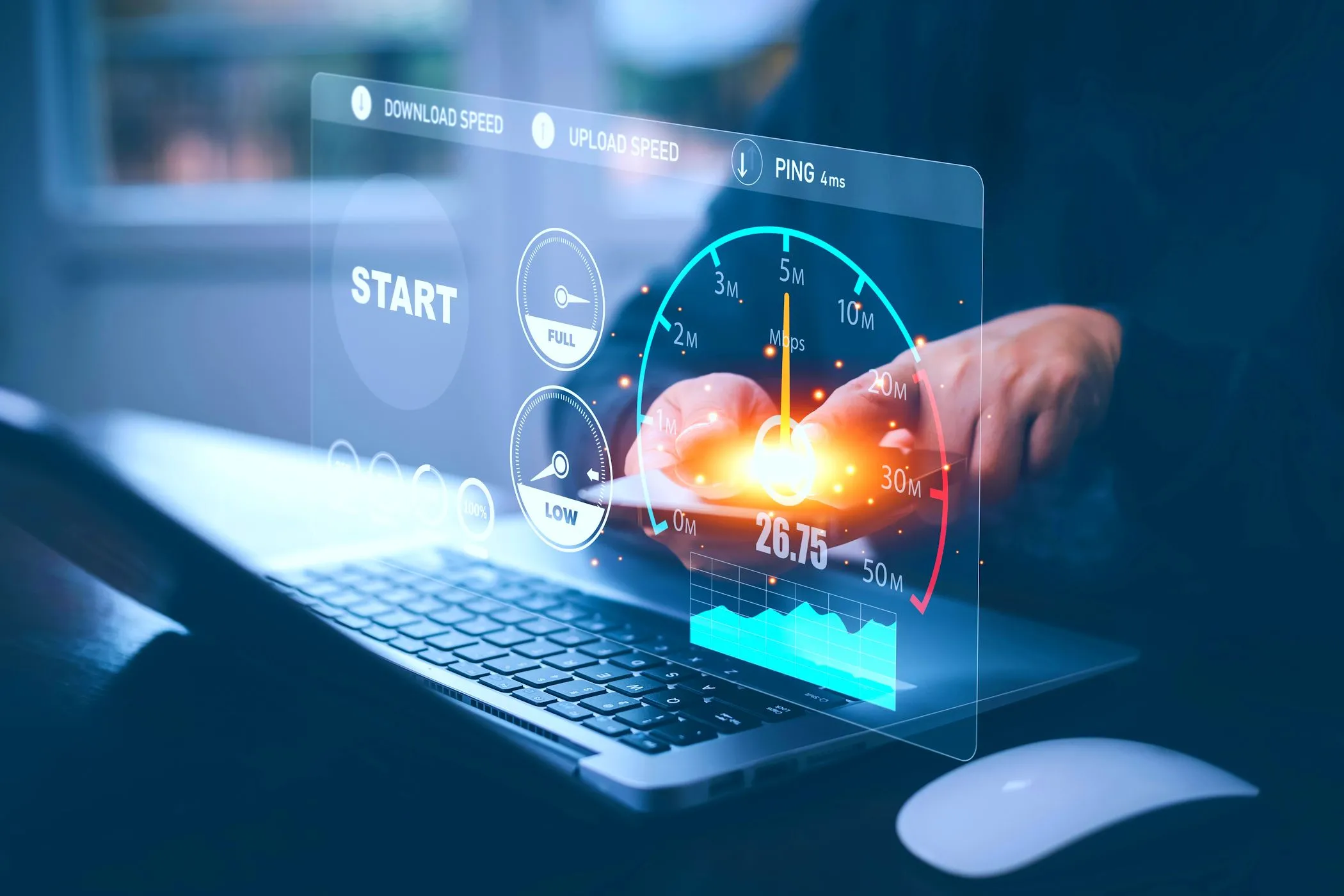 Hình ảnh kiểm tra tốc độ Internet 5G trên máy tính xách tay, minh họa sự biến đổi không ổn định của tốc độ mạng 5G thực tế.