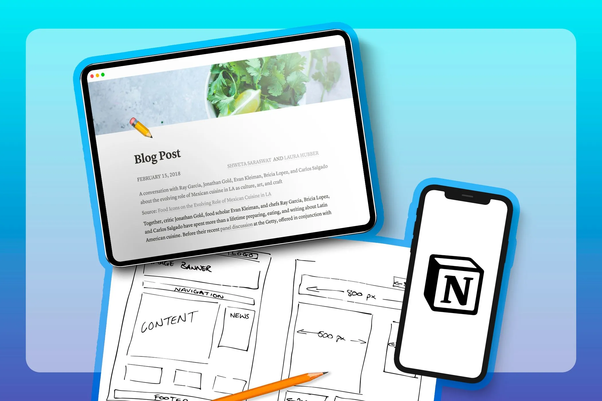 Hình ảnh máy tính bảng hiển thị website tạo bằng Notion Sites cùng với phác thảo và điện thoại logo Notion