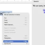 Hình ảnh menu chuột phải trong Microsoft Word với tùy chọn Smart Lookup, minh họa tính năng đã bị loại bỏ.