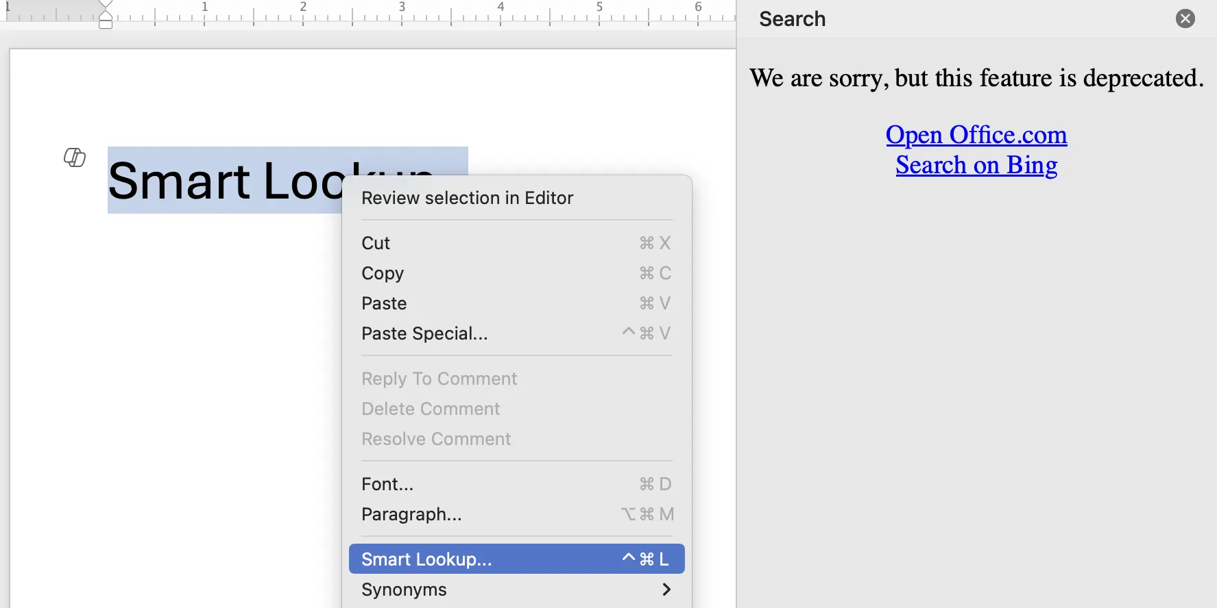 Hình ảnh menu chuột phải trong Microsoft Word với tùy chọn Smart Lookup, minh họa tính năng đã bị loại bỏ.
