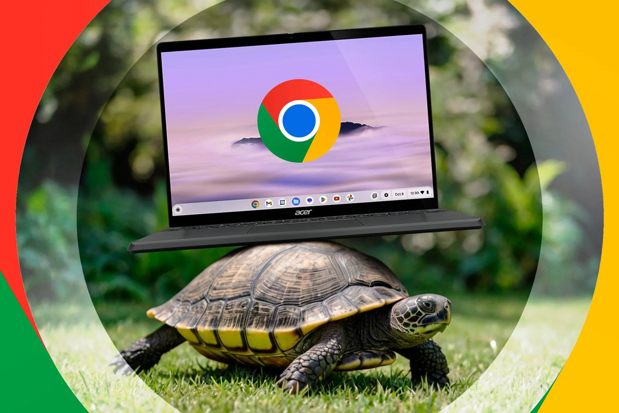 Hình ảnh minh họa con rùa cõng Chromebook trên lưng, biểu tượng cho hiệu năng chậm chạp khi thực hiện các tác vụ nặng trên thiết bị này