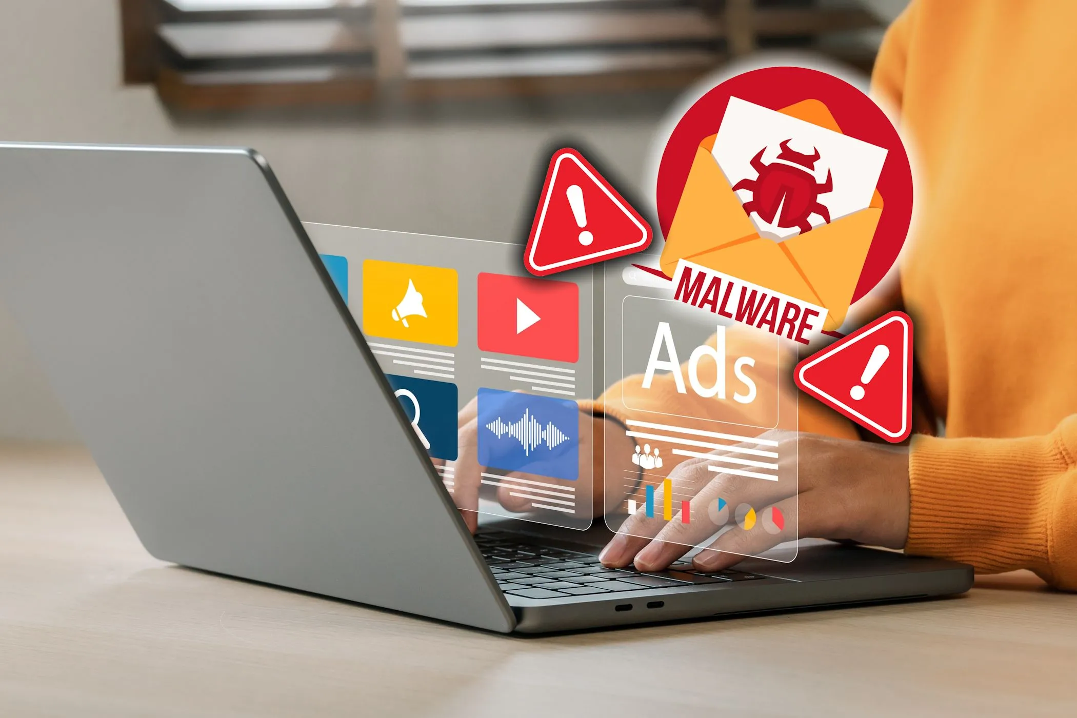 Hình ảnh minh họa một người đang sử dụng laptop bị nhiễm malware, biểu tượng cảnh báo virus xuất hiện trên màn hình, tượng trưng cho mối đe dọa backdoor ẩn sâu.