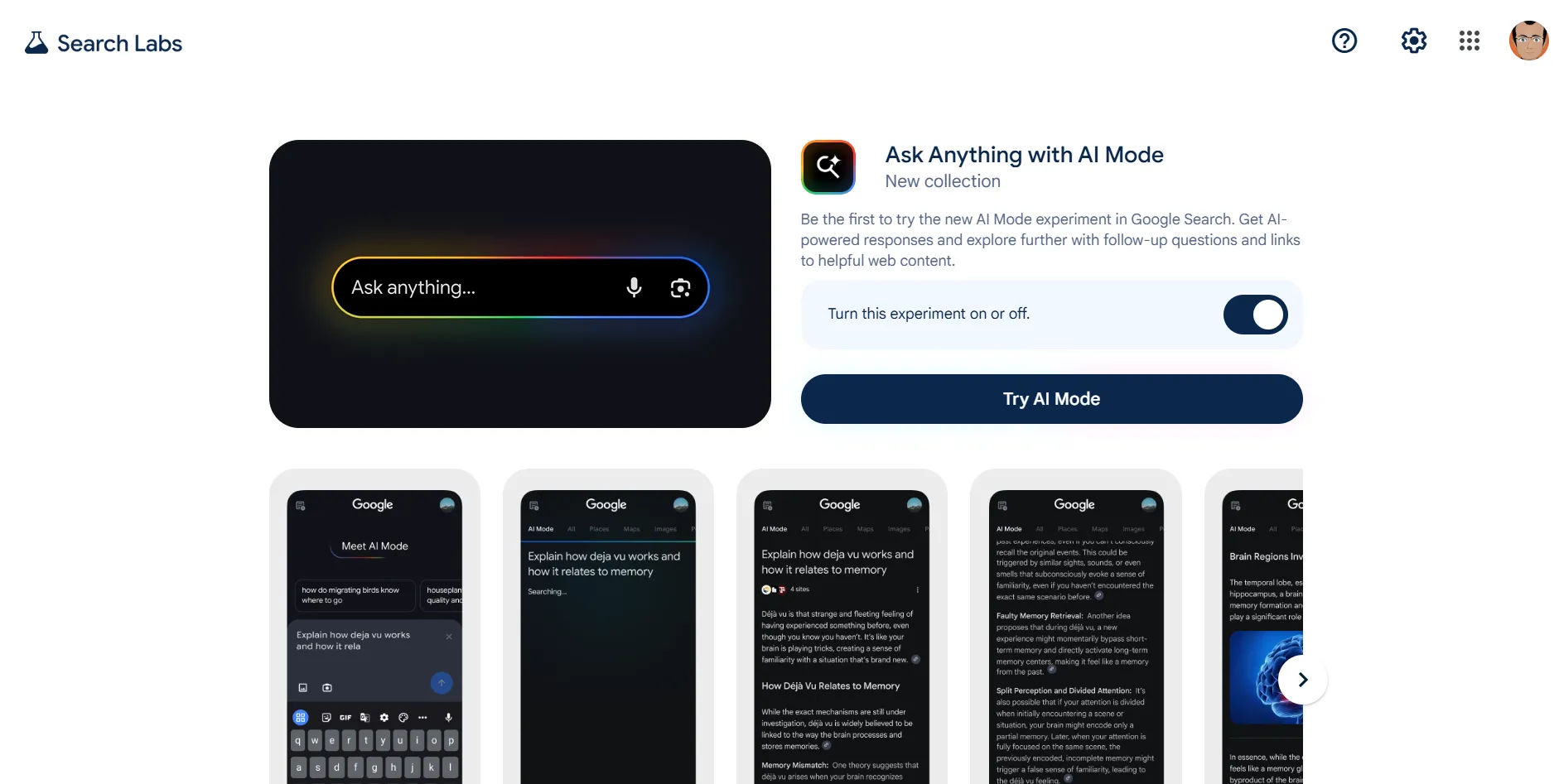 Hình ảnh minh họa nút bật/tắt chế độ Google AI Mode trong Google Labs