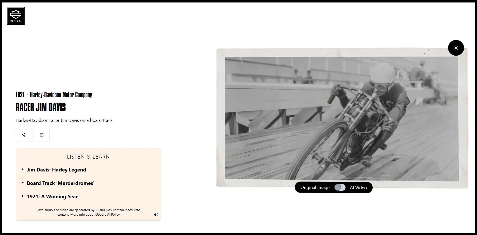 Hình ảnh mô phỏng hoạt động của dự án Moving Archives, nơi Google Arts & Culture và Harley-Davidson Museum sử dụng AI Veo để làm sống động các bức ảnh lịch sử.