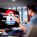 Hình ảnh mô tả nạn nhân bị tấn công ransomware với màn hình hiển thị thông báo mã độc tống tiền