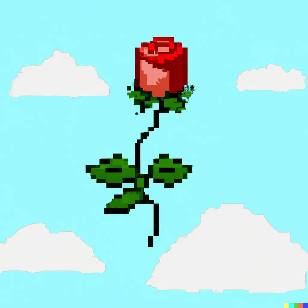 Hình ảnh một bông hồng pixel art nở trên đám mây, được tạo ra bởi AI DALL-E 2, thể hiện sự pha trộn giữa công nghệ và nghệ thuật.