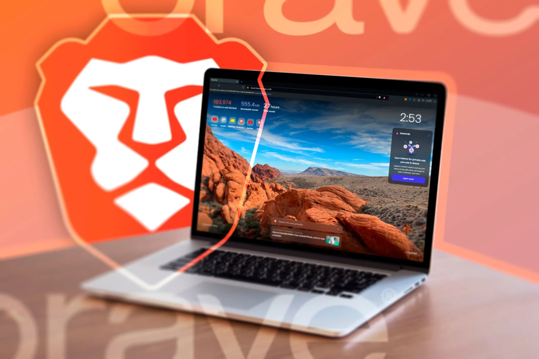 Hình ảnh một máy tính xách tay hiển thị trình duyệt Brave đang mở với logo Brave ở hậu cảnh, tượng trưng cho trải nghiệm duyệt web nhanh và riêng tư.