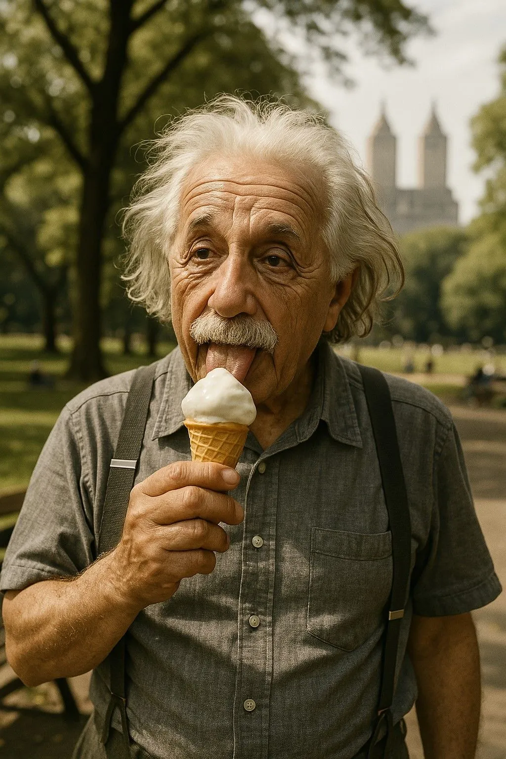 Hình ảnh một người đàn ông giống Einstein thưởng thức kem ở Central Park, cho thấy chất lượng từ GPT-4o.