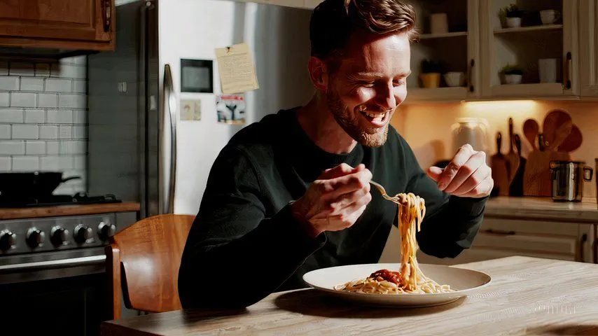 Hình ảnh một người đang ăn mỳ spaghetti được tạo bởi Sora AI, minh họa vấn đề của AI trong việc xử lý các hành động cơ bản.