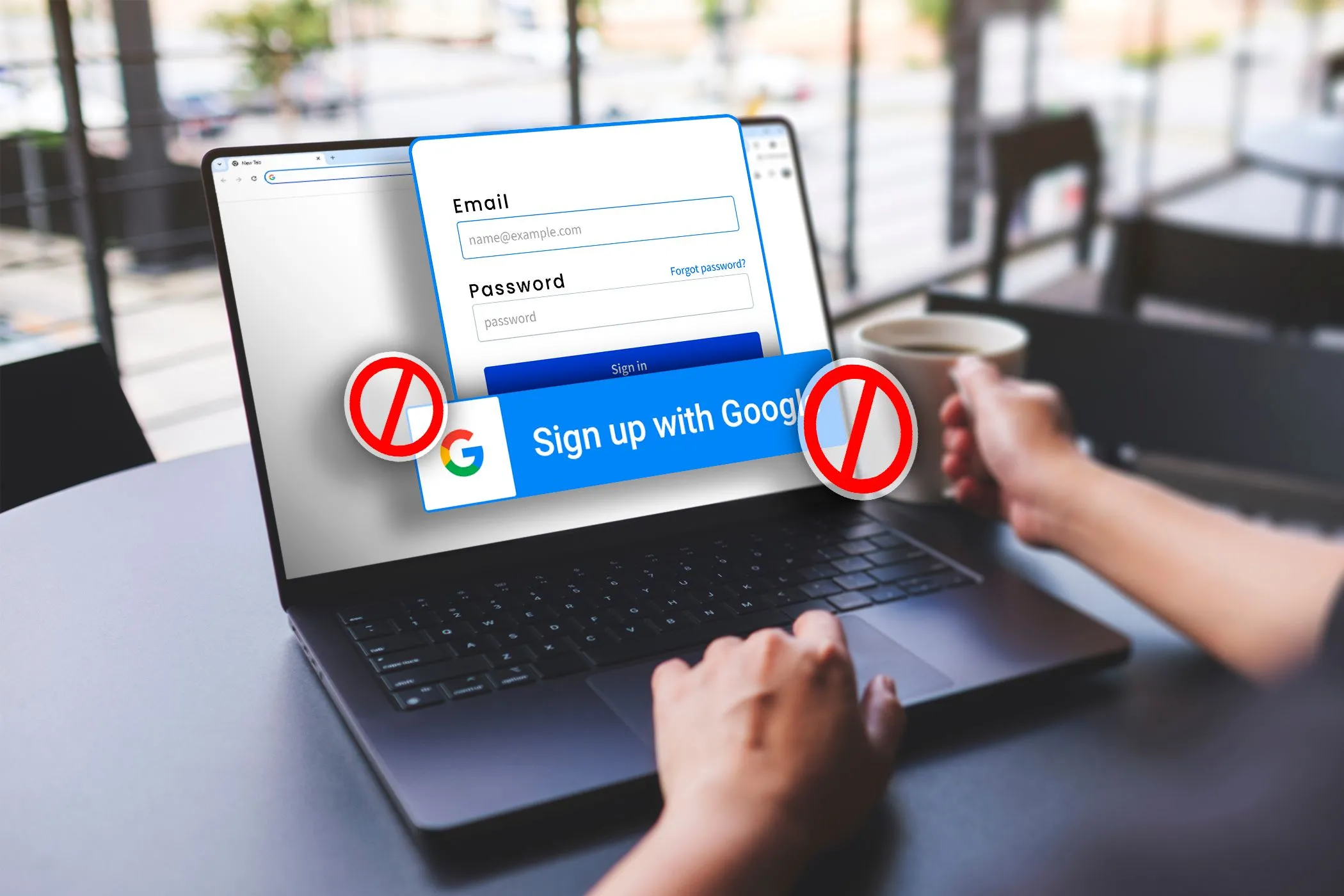 Hình ảnh một người dùng laptop với màn hình đăng nhập, nút &quot;Đăng nhập bằng Google&quot; bị gạch chéo, biểu thị việc tạo tài khoản ẩn danh mà không liên kết với thông tin cá nhân hiện có.