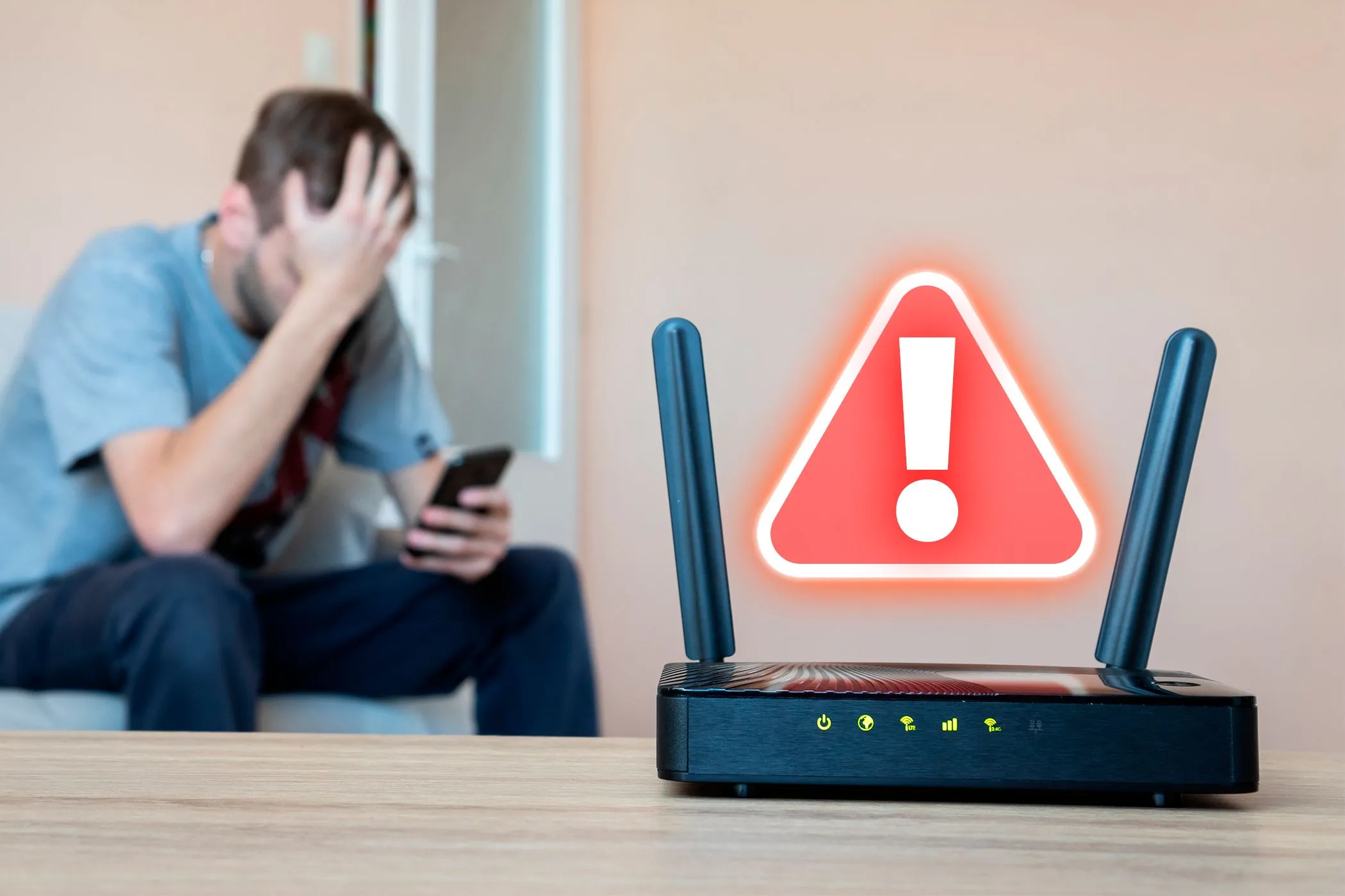 Hình ảnh một router Wi-Fi với biểu tượng cảnh báo, phía sau là người dùng đang lo lắng, minh họa nguy cơ bảo mật từ router cũ.
