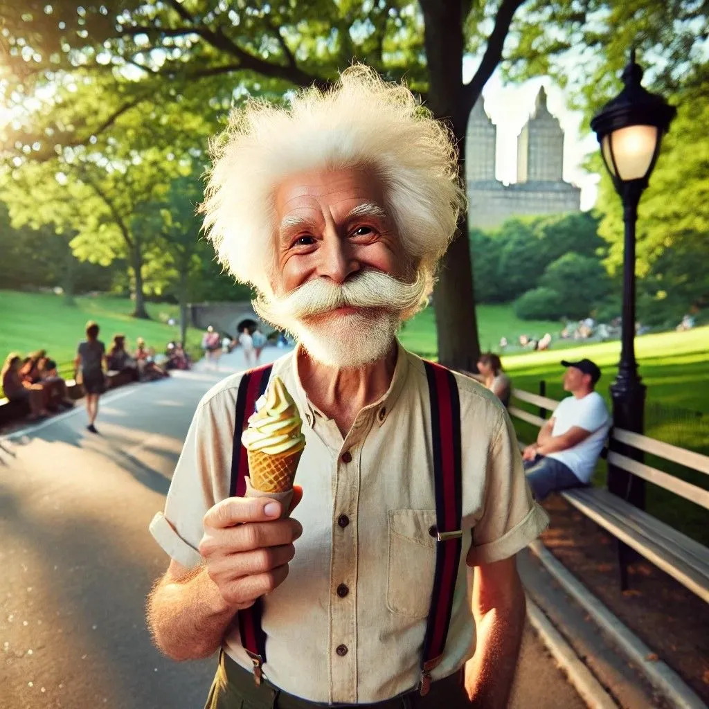 Hình ảnh người đàn ông giống Einstein ăn kem tại Công viên Trung tâm, minh họa khả năng của DALL-E 3.