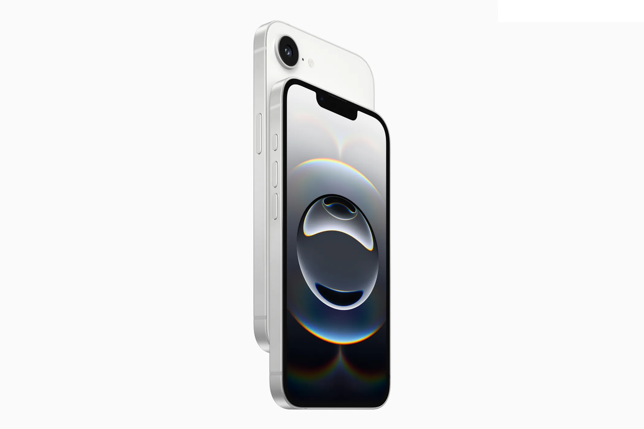Hình ảnh sản phẩm iPhone 16e màu trắng với thiết kế &quot;tai thỏ&quot; đặc trưng