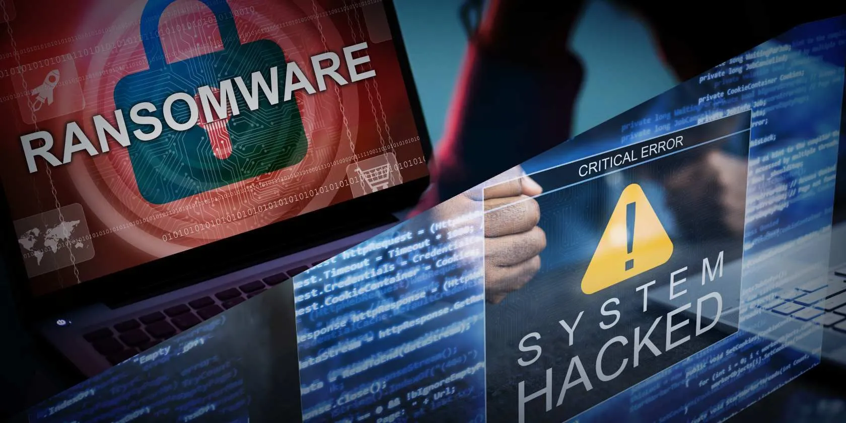 Hình ảnh so sánh giữa cuộc tấn công mạng và ransomware độc hại, thể hiện rủi ro về mã độc và tống tiền trên Dark Web.