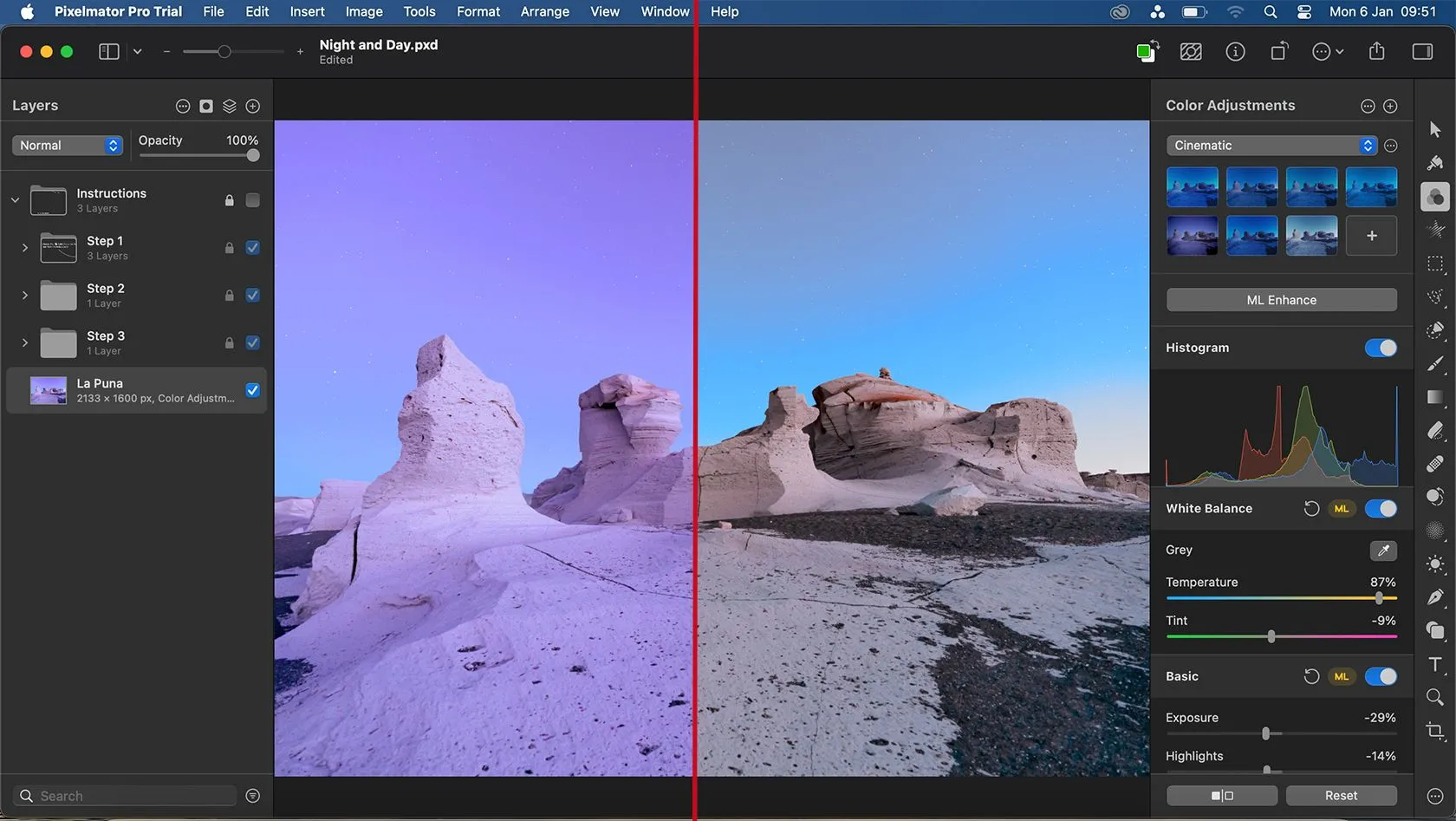 Hình ảnh so sánh trước và sau khi sử dụng tính năng ML Enhance của Pixelmator Pro, cho thấy sự cải thiện màu sắc và chi tiết ảnh.
