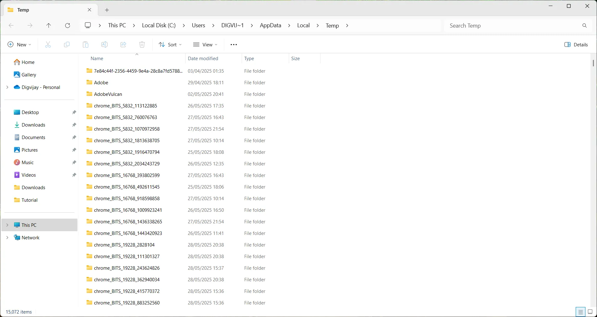 Hình ảnh thư mục tạm thời hệ thống (Temp) trong Windows File Explorer