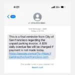 Hình ảnh tin nhắn lừa đảo phạt đỗ xe SMS giả mạo từ San Francisco