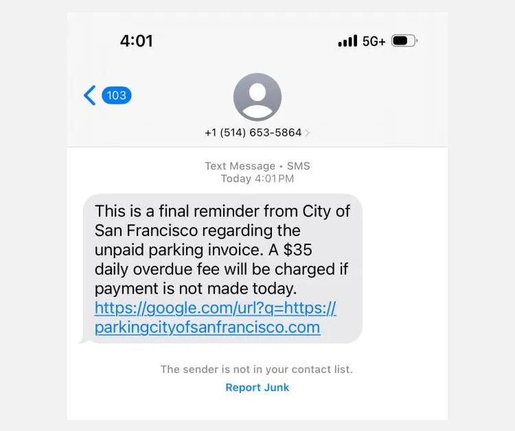 Hình ảnh tin nhắn lừa đảo phạt đỗ xe SMS giả mạo từ San Francisco