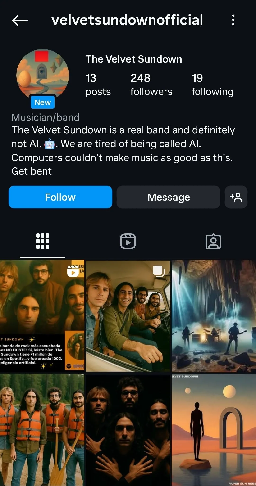 Hồ sơ Instagram của The Velvet Sundown với thông tin ít ỏi, điển hình cho các dự án âm nhạc được tạo bởi trí tuệ nhân tạo.