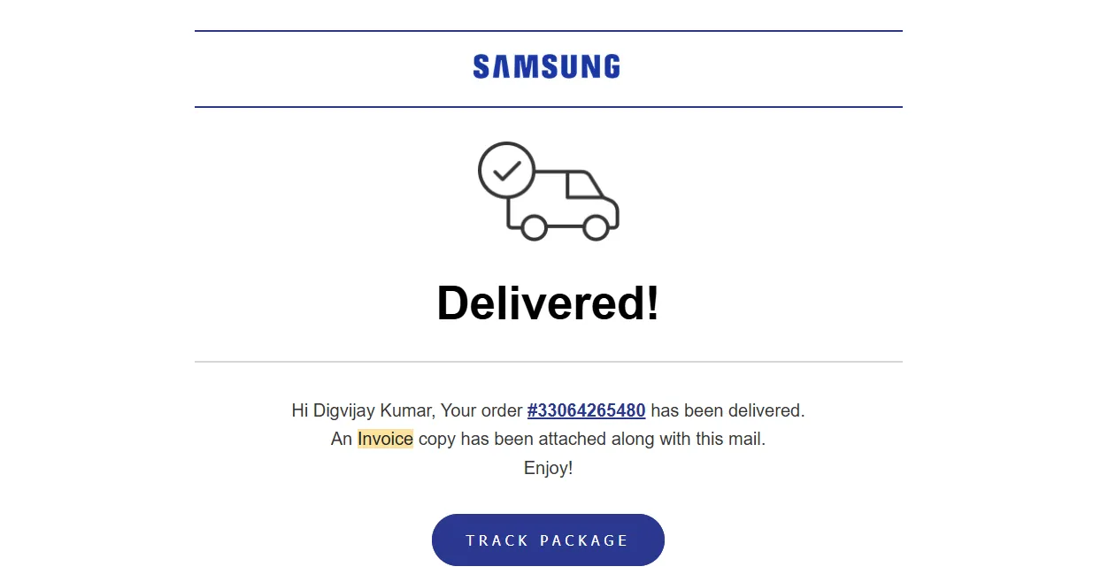Hóa đơn email xác nhận đơn hàng Samsung hiển thị thông tin IMEI điện thoại
