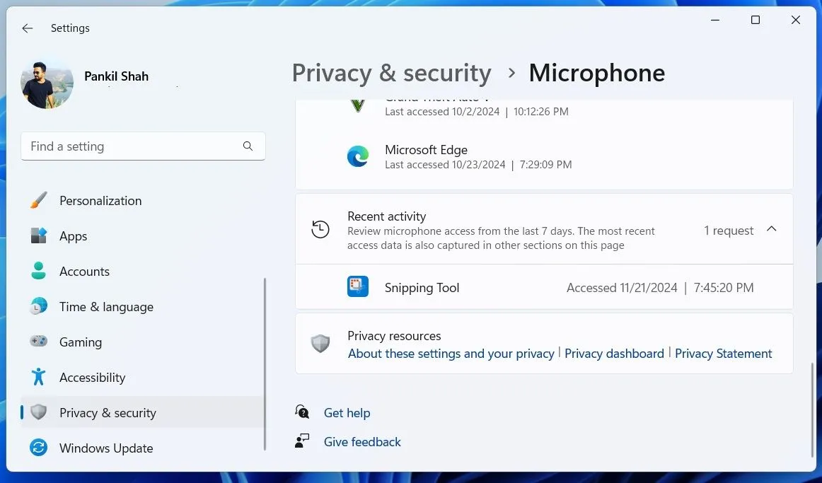 Hoạt động micrô gần đây trong cài đặt quyền riêng tư Windows 11