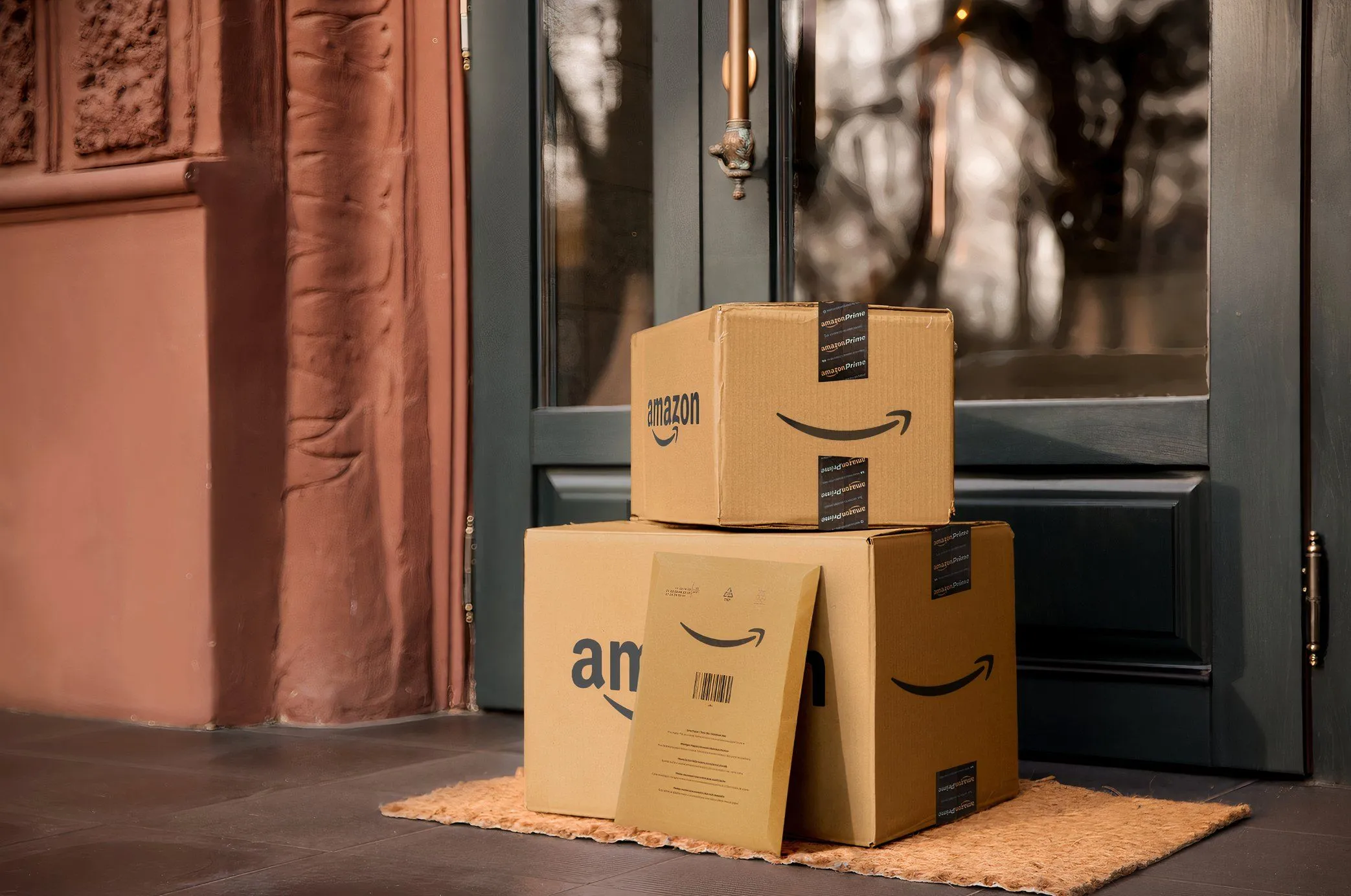 Hộp bưu kiện của Amazon được đặt trước cửa nhà, minh họa cho lừa đảo giao hàng