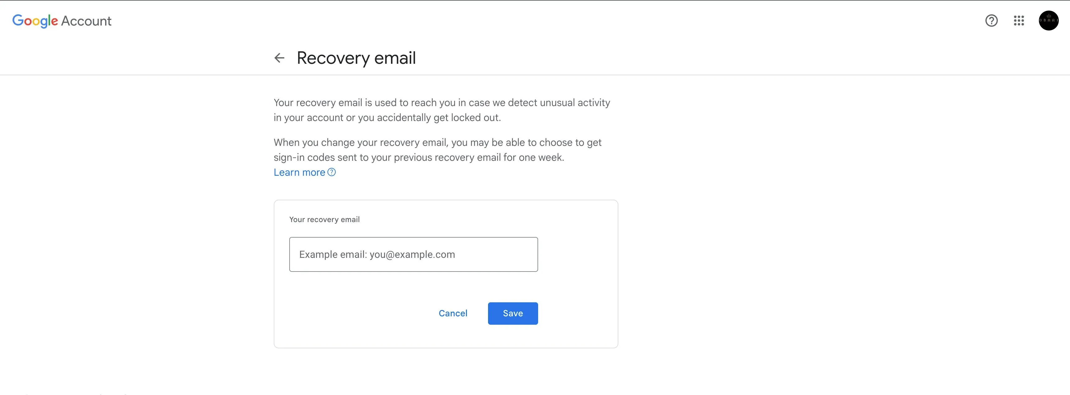Hộp nhập email khôi phục trong tài khoản Google