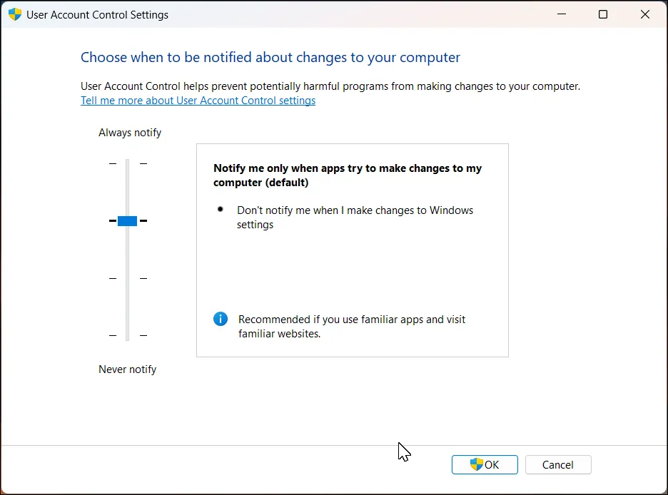 Hộp thoại cài đặt User Account Control (UAC) trên Windows 11, hiển thị các tùy chọn cấu hình bảo mật