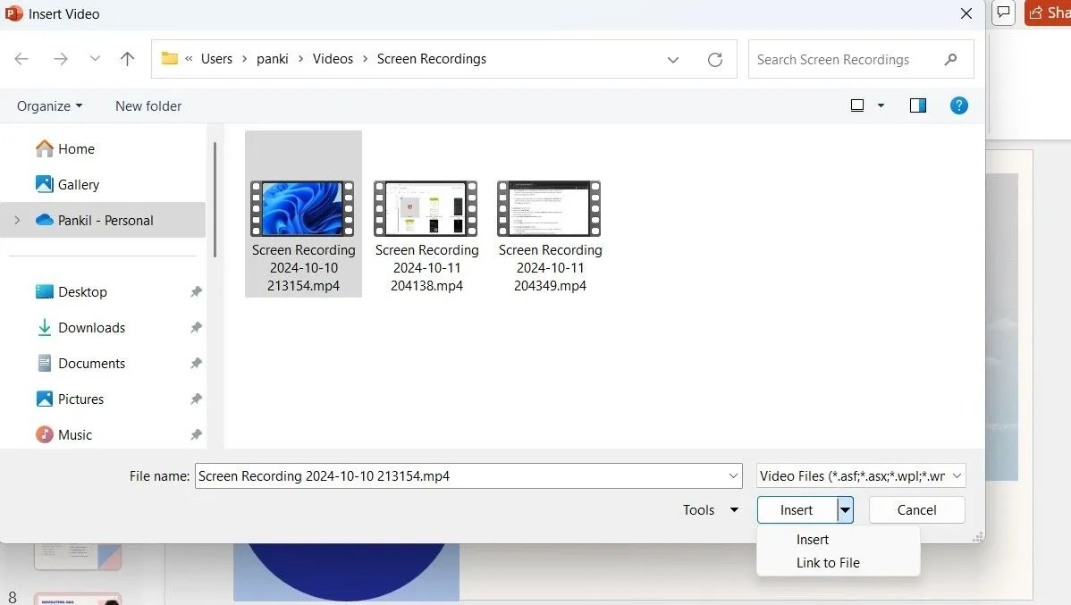 Hộp thoại chèn video trong PowerPoint hiển thị lựa chọn nhúng hoặc liên kết