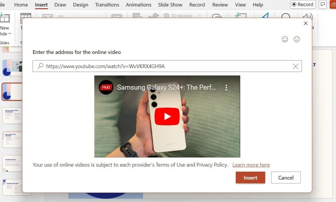 Hộp thoại chèn video trực tuyến trong PowerPoint hiển thị video YouTube với URL