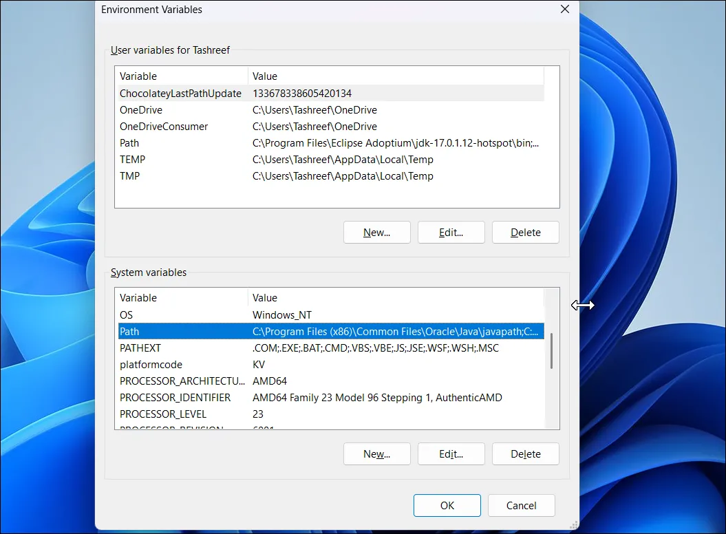 Hộp thoại Environment Variables trên Windows 11, dòng &quot;Path&quot; được chọn để chỉnh sửa đường dẫn SDelete