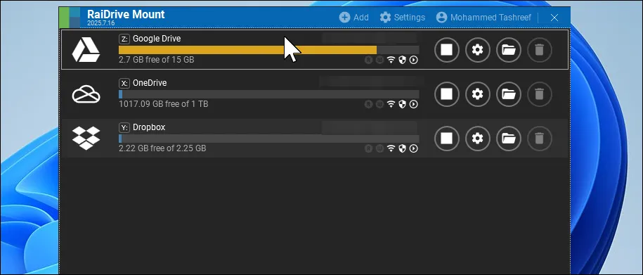 Hộp thoại &quot;Mount Connected drives&quot; của RaiDrive hiển thị các ổ đĩa đám mây đã kết nối trên Windows 11.