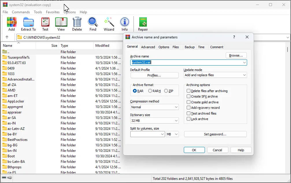 Hộp thoại nén tập tin trong phần mềm WinRAR trên Windows 11.