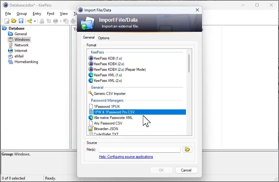 Hộp thoại nhập dữ liệu của KeePass, cho phép chuyển đổi mật khẩu từ 1Password và các định dạng khác