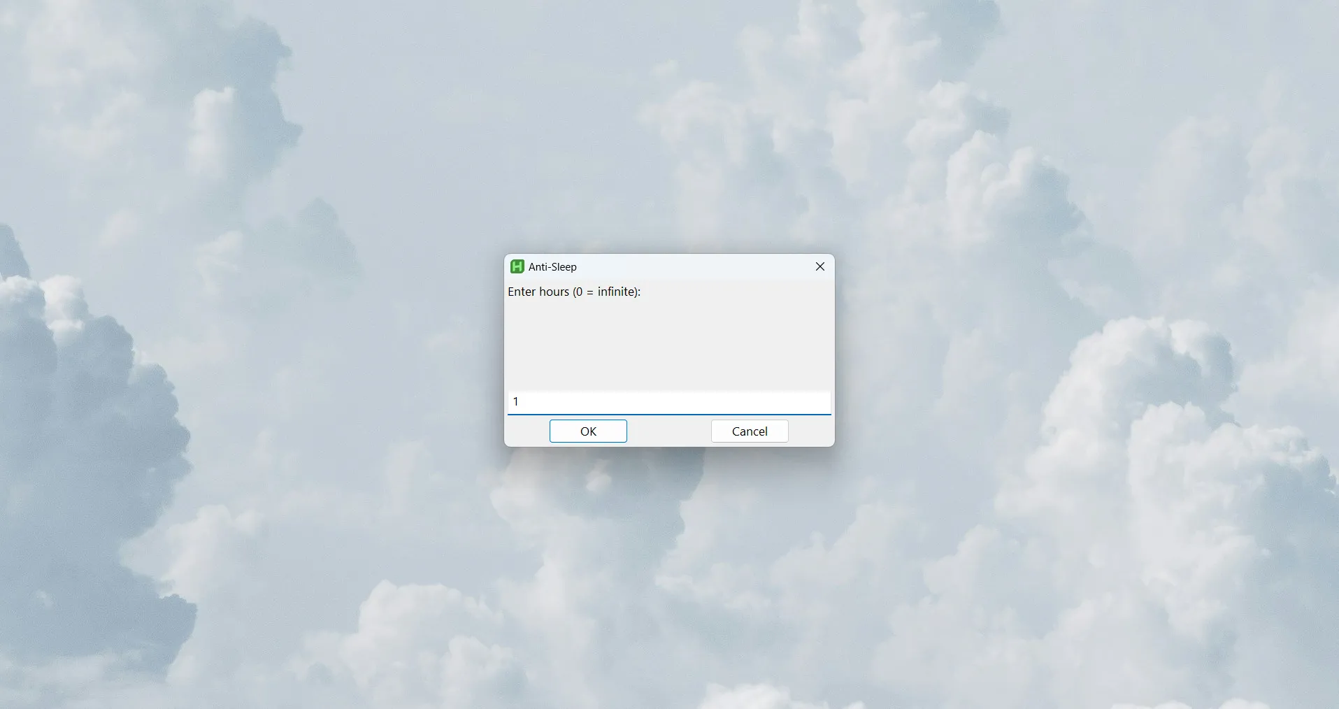 Hộp thoại nhập số giờ cho script chống ngủ đông của AutoHotkey, cho phép người dùng đặt thời gian để duy trì máy tính luôn hoạt động.