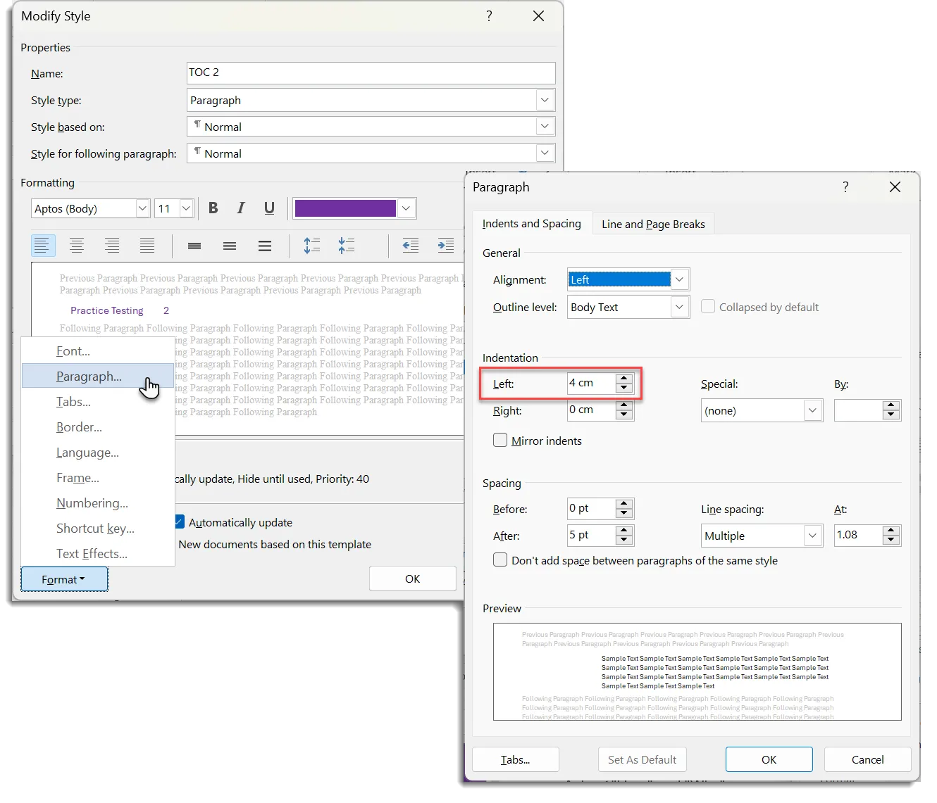 Hộp thoại Paragraph điều chỉnh lề trái cho văn bản Mục lục trong Word