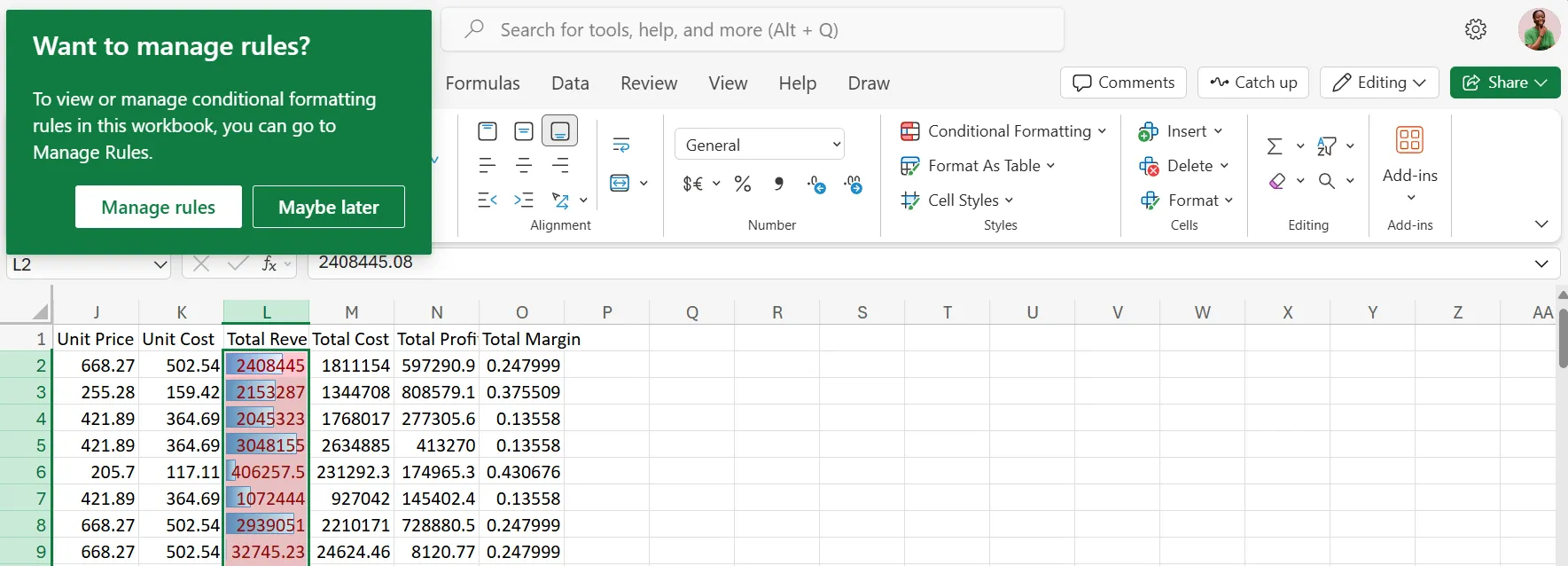 Hộp thoại quản lý quy tắc định dạng có điều kiện (Manage Rules) trong Excel Online sau khi kích hoạt Data Bars