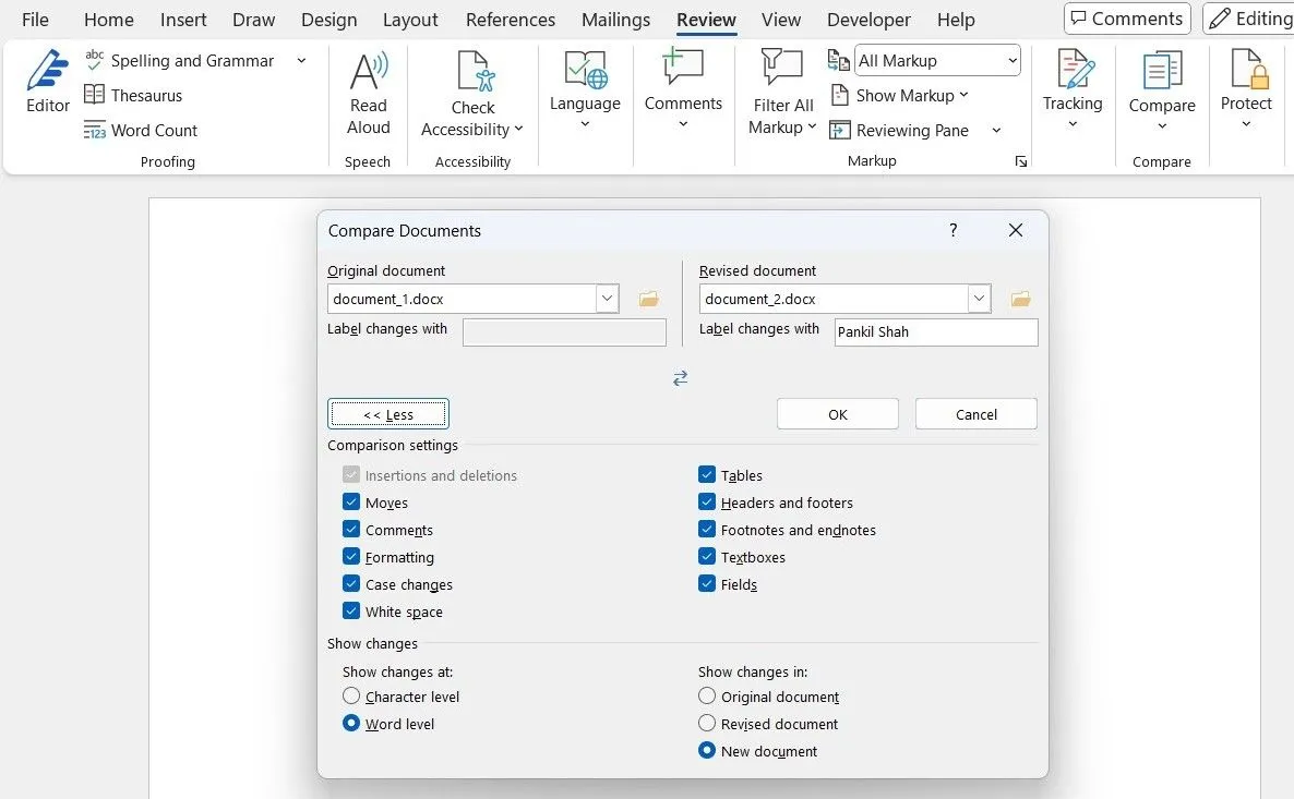 Hộp thoại So sánh Tài liệu trong Microsoft Word để chọn file gốc và file đã sửa đổi