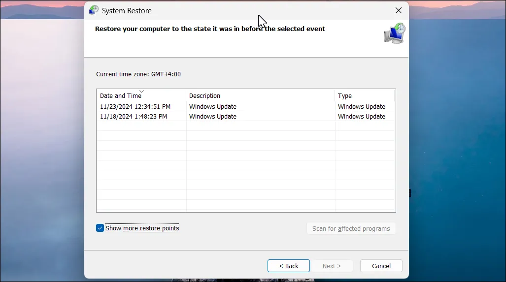 Hộp thoại System Restore trong Windows 11 với các điểm khôi phục hệ thống khả dụng