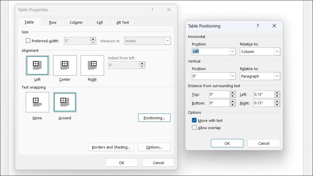 Hộp thoại Table Properties trong Microsoft Word giúp căn chỉnh và định vị bảng