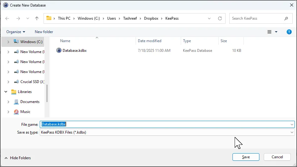 Hộp thoại tạo cơ sở dữ liệu KeePass mới, tích hợp tùy chọn đồng bộ với Dropbox