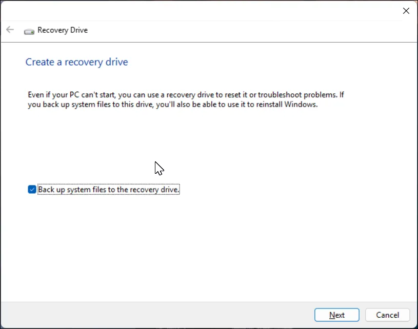 Hộp thoại &quot;Tạo ổ đĩa khôi phục&quot; trong Windows 11, hướng dẫn sao lưu tệp hệ thống