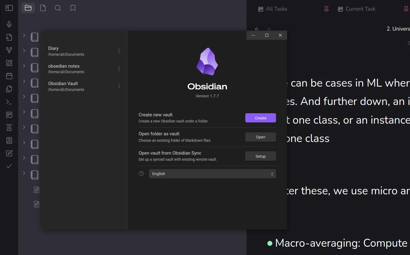 Hộp thoại tạo Vault mới trong Obsidian, cho phép phân loại ghi chú